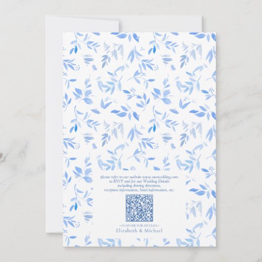 QR-code Frans Blauw Bloemmotief Botanische Bloemen Kaart (Achterkant)