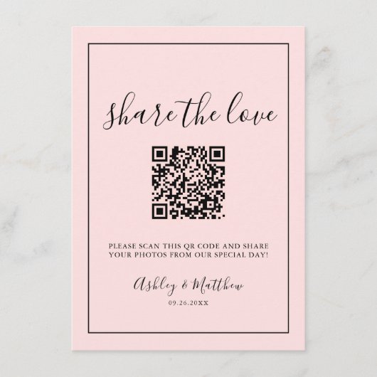 QR Code Gast Foto Sharing Blush Roze Bruiloft Informatiekaartje (Voorkant)