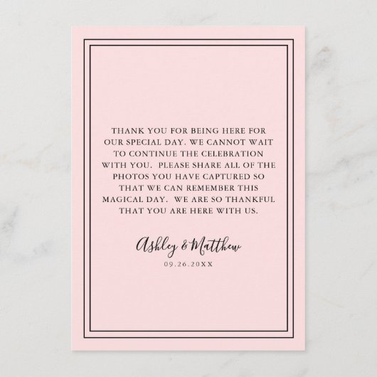 QR Code Gast Foto Sharing Blush Roze Bruiloft Informatiekaartje (Achterkant)