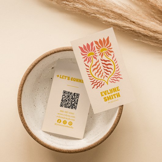 QR Code Geel Groovy Bloemen Terracotta Boho Visitekaartje