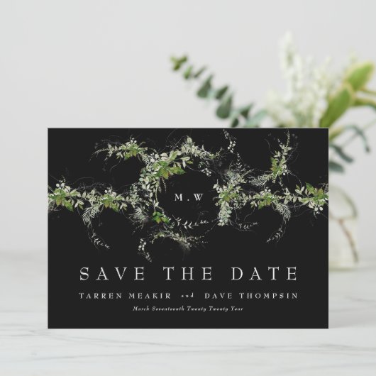 QR-code GEEN FOTO Eucalyptus Monogram Premium Zwar Save The Date (Staand voorkant)