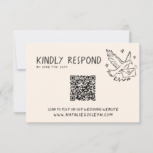 QR-code geïllustreerde retro handgeschreven leuke RSVP Kaartje (Voorkant)