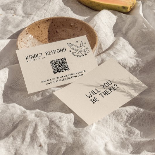 QR-code geïllustreerde retro handgeschreven leuke RSVP Kaartje