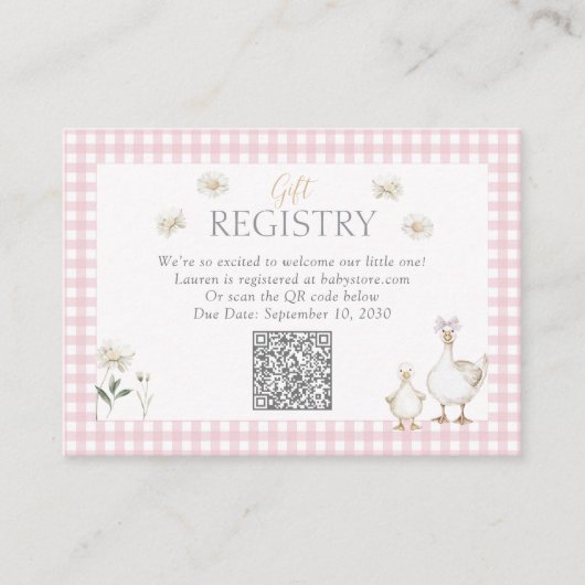 QR Code Gekke Gans Roze Bow Gift Registry Douche Informatiekaartje (Voorkant)