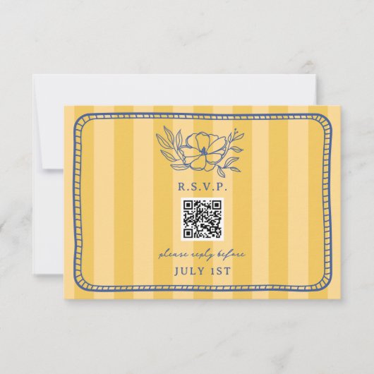 QR Code Gele Streep Blauw Bloemen Huwelijk QR RSVP (Voorkant)
