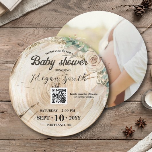 QR-code Genderneutraal hout Uniek Baby shower Save The Date