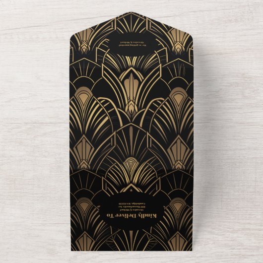 QR Code Geometrische Art Deco Bruiloft All In One Uitnodiging (Buitenkant)