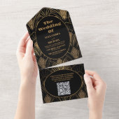 QR Code Geometrische Art Deco Bruiloft All In One Uitnodiging (Afscheurbaar)
