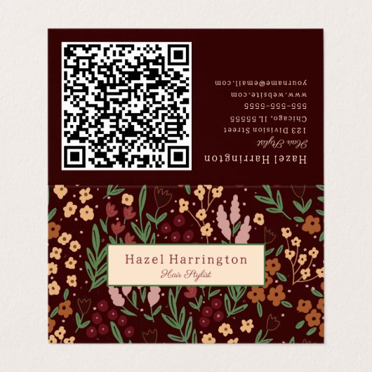 QR Code Gevouwen Visitekaartje Floral Burgandy (Buitenkant ongevouwen)