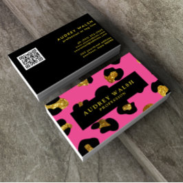 QR CODE Glam Glitter Gold Fuchsia Leopard print Visitekaartje