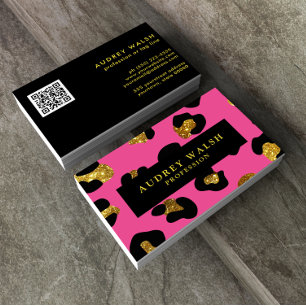 QR CODE Glam Glitter Gold Fuchsia Leopard print Visitekaartje