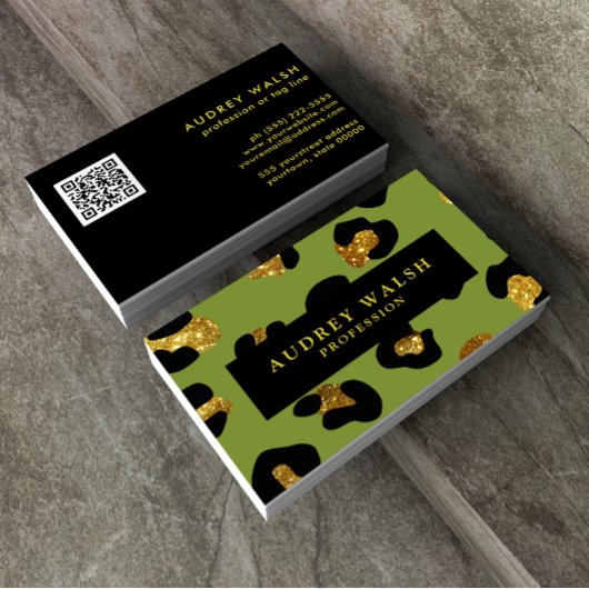 QR CODE Glam Glitter Gold Green Leopard print Luxe Visitekaartje