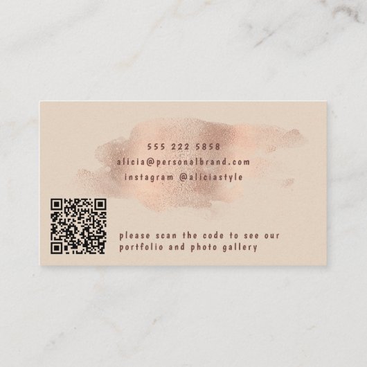 QR CODE glam roos goudbruine folie zwart, stijlvol Visitekaartje (Achterkant)
