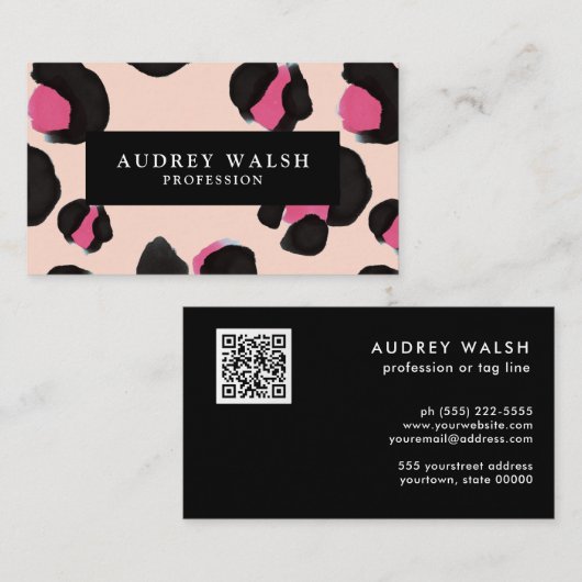 QR CODE Glam Roze zwarte BLUSH-luipaard Visitekaartje (Voorkant / Achterkant)