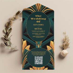 QR Code Glamoureuze Groene en Gouden Art Deco Brui All In One Uitnodiging