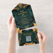 QR Code Glamoureuze Groene en Gouden Art Deco Brui All In One Uitnodiging (Afscheurbaar)