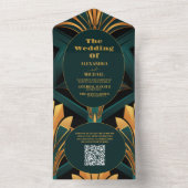 QR Code Glamoureuze Groene en Gouden Art Deco Brui All In One Uitnodiging (Binnen)