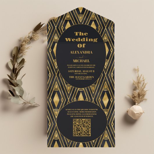 QR-code Glamoureuze Zwart en Gouden Art Deco Bruil All In One Uitnodiging