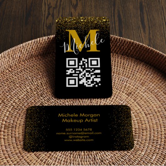 QR-code Gold Black Monogram Golden Glitter Sparkle Visitekaartje
