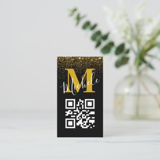 QR-code Gold Black Monogram Golden Glitter Sparkle Visitekaartje (Staand voorkant)