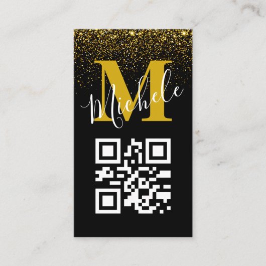 QR-code Gold Black Monogram Golden Glitter Sparkle Visitekaartje (Voorkant)