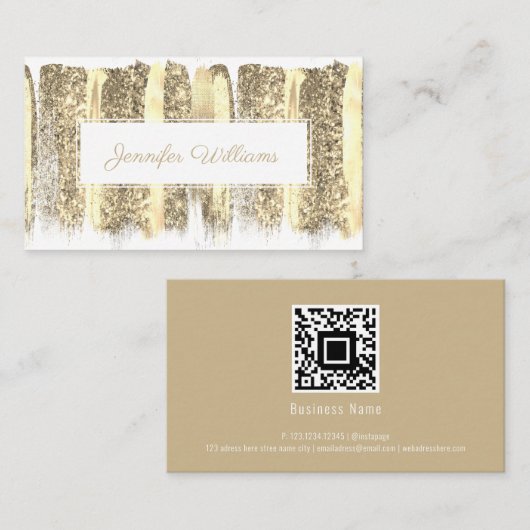 QR-code Gold Brush Makeup kunstenaar modern wit Visitekaartje (Voorkant / Achterkant)