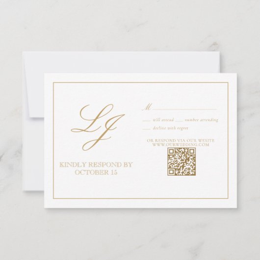 QR Code Gold Calligraphy Monogram Weddenschap RSVP Kaartje (Achterkant)