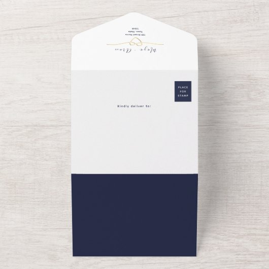 QR Code Gold en Navy Blue Wedding All In One Uitnodiging (Buitenkant)