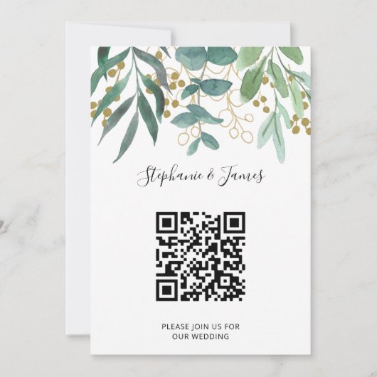 QR Code Gold Eucalyptus Berries Weddenschap Kaart (Voorkant)
