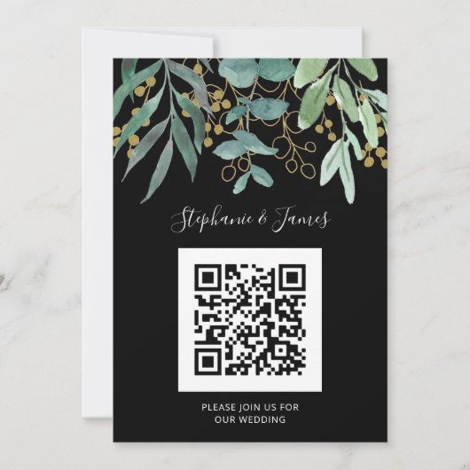 QR-code Gold Eucalyptus Black Weddenschap Kaart (Voorkant)