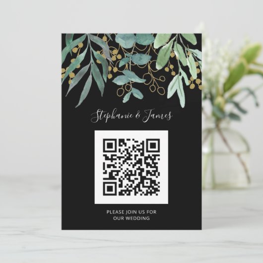 QR-code Gold Eucalyptus Black Weddenschap Kaart (Staand voorkant)