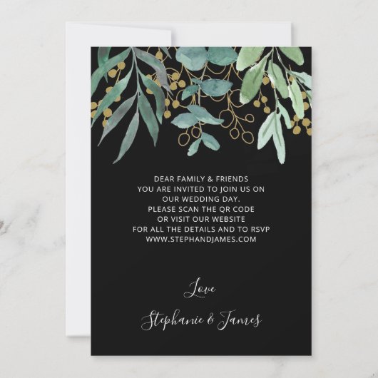 QR-code Gold Eucalyptus Black Weddenschap Kaart (Achterkant)