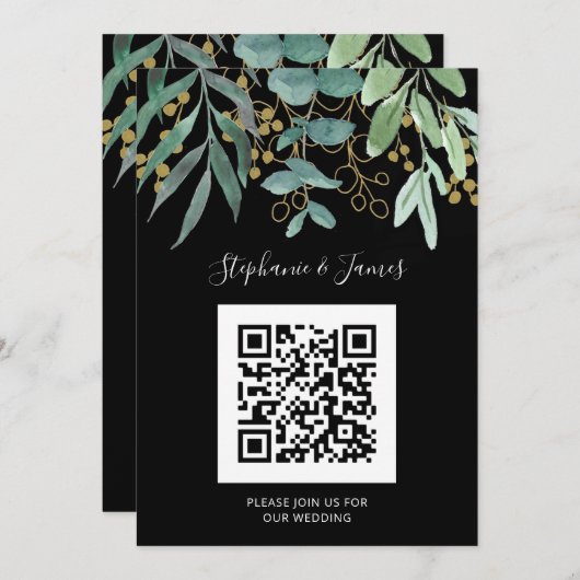 QR-code Gold Eucalyptus Black Weddenschap Kaart (Voorkant / Achterkant)