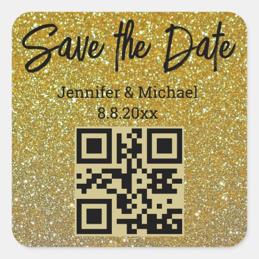 qr code gold glitters chic bruiloft vierkante sticker (Voorkant)