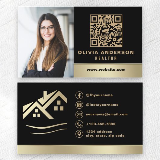 QR Code Gold House Black Real Estate Realtor Visitekaartje