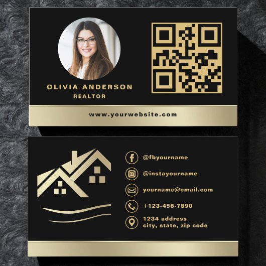QR Code Gold House Black Real Estate Realtor Visitekaartje