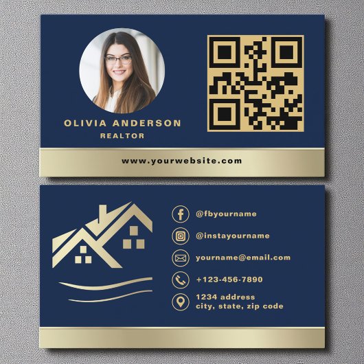 QR Code Gold House Navy Blue Real Estate Realtor Visitekaartje