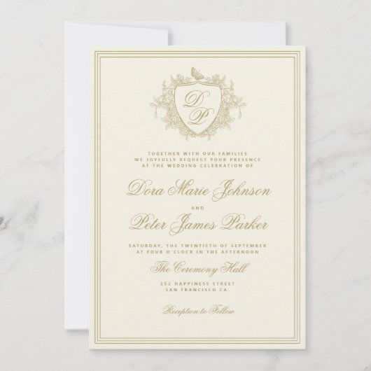 QR code gold ivory crest monogram wedding Kaart (Voorkant)