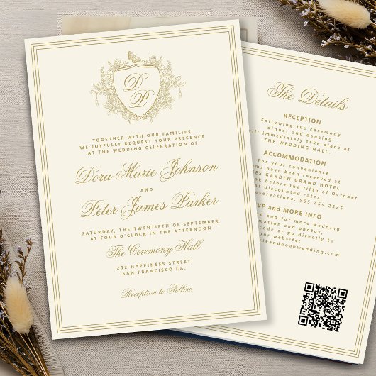 QR code gold ivory crest monogram wedding Kaart