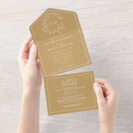 QR Code Gold Leafy Crest Monogram Weddenschap All In One Uitnodiging