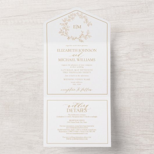 QR Code Gold Leafy Crest Monogram Weddenschap All In One Uitnodiging (Binnen)