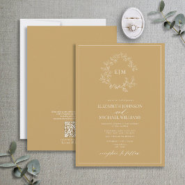 QR Code Gold Leafy Crest Monogram Weddenschap Kaart