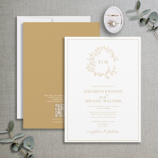 QR Code Gold Leafy Crest Monogram Weddenschap Kaart