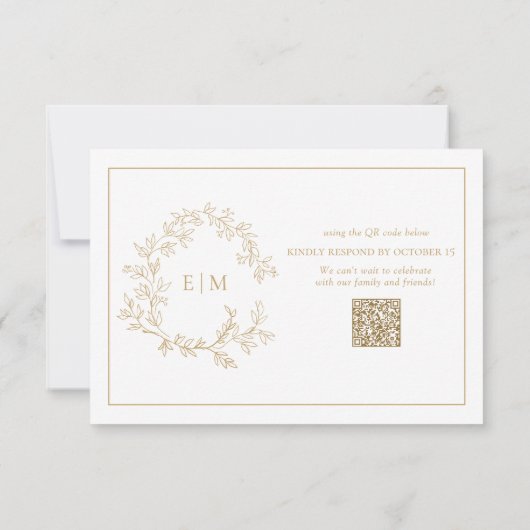 QR Code Gold Leafy Crest Monogram Weddenschap RSVP Kaartje (Achterkant)