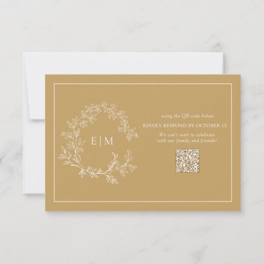 QR Code Gold Leafy Crest Monogram Weddenschap RSVP Kaartje (Achterkant)