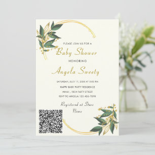 QR Code Gold Leaves Baby shower Invitation