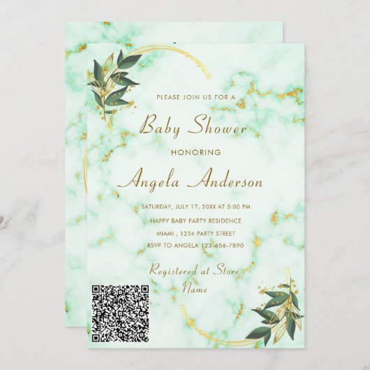 QR-code Gold Marble Baby Shower Uitnodiging (Voorkant / Achterkant)