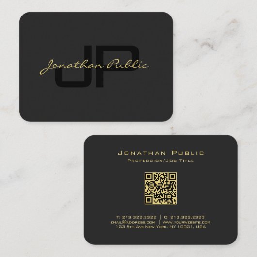 QR Code Gold Script Tekst Elegant Zwart Mighty Visitekaartje (Voorkant / Achterkant)