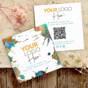 QR-code Gold Turquoise Waterverf Splatter Logo Vierkante Visitekaartje