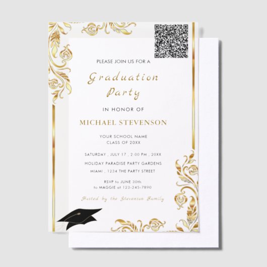 QR Code Gold Vellum Afstuderen Invitation Sjabloon (Offset)